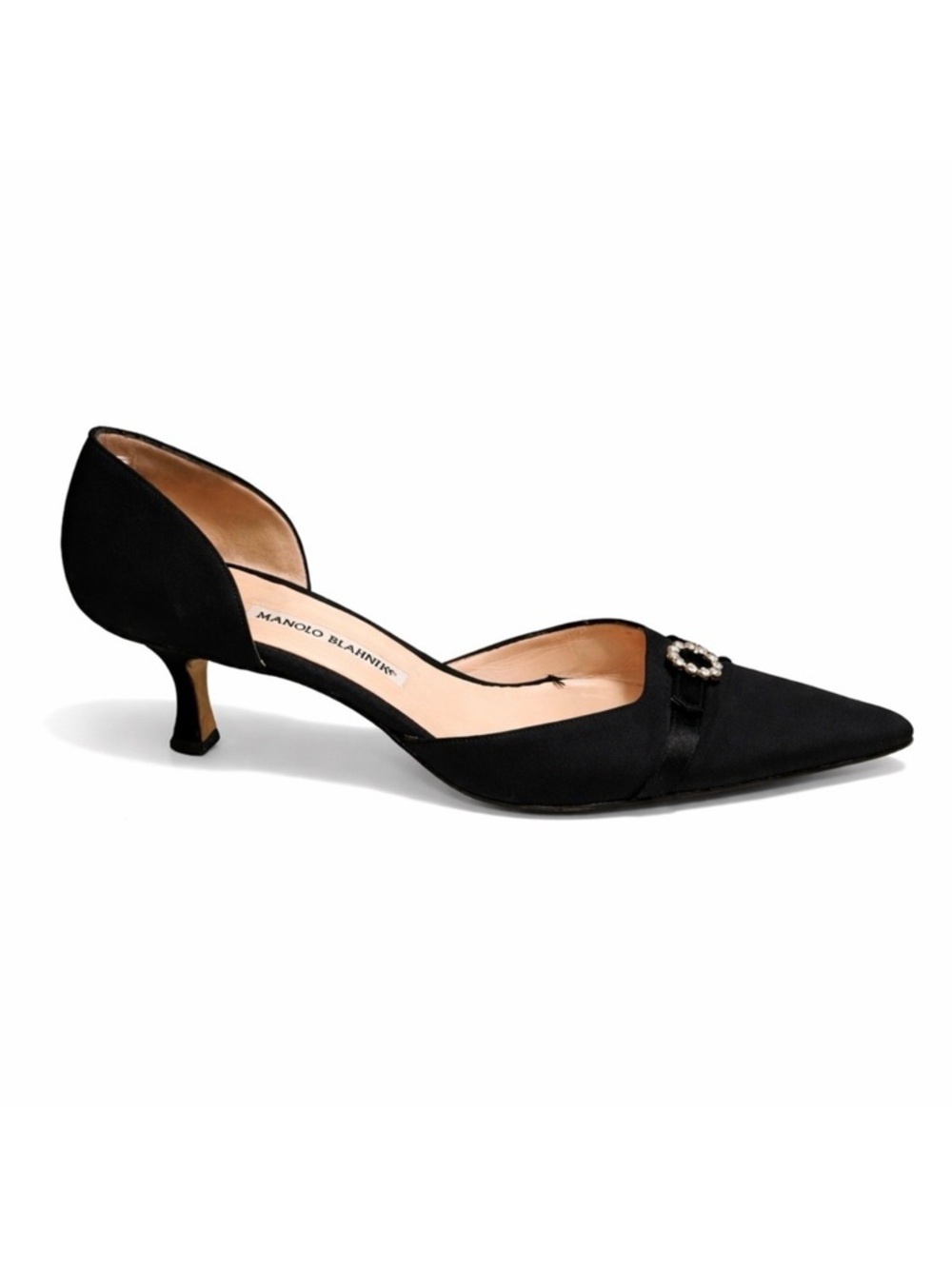 Manolo Blahnik Black Satin D’Orsay Pumps with Crystal Buckle Kitten Heel Size 39